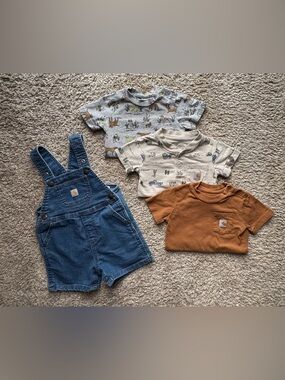 Carhartt 4pc Bundle Overall Shorts + 3 Onesies Summer Matching Set 18M